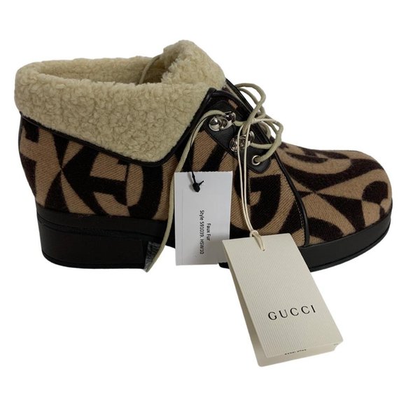 Gucci Women's Gucci Brown GG Wool Fur Ankle Boots Booties Beige & Brown DM54 - Picture 3 of 9